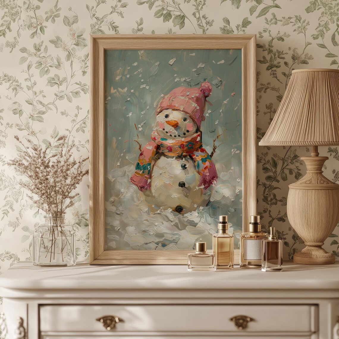 Cheerful Snowman Pink Hat Colorful Scarf Snowy Wall Art Poster - Image 5