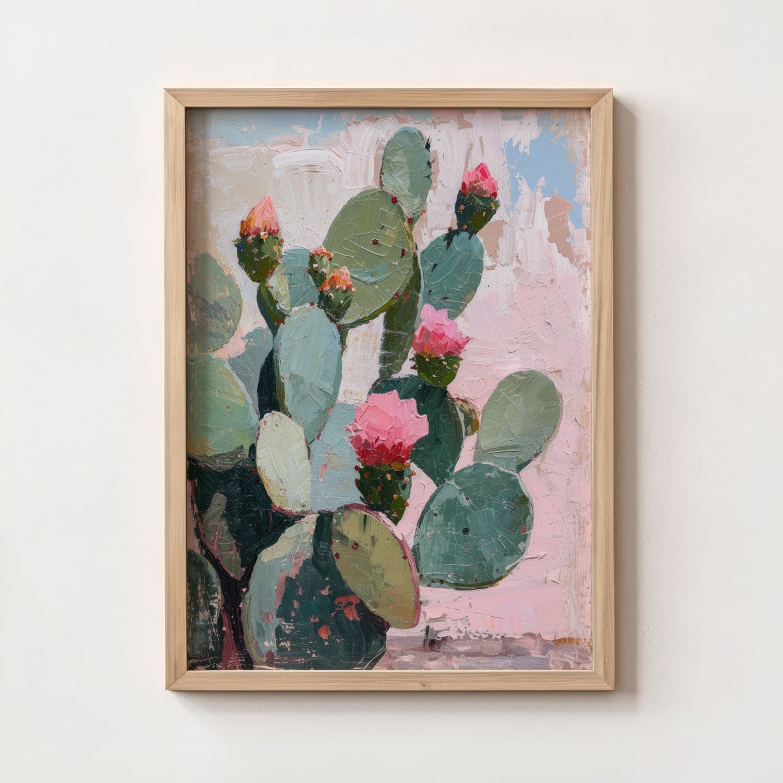 Prickly Pear Cactus Pink Blossoms Desert Botanical Oil Art Poster - Image 4