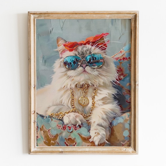 Cool Cat With Sunglasses, Vintage Girly Cat Art Print