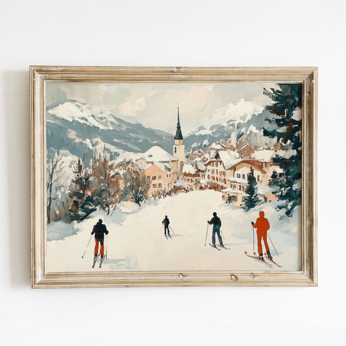 Vintage Alpine Skiers Village Church Snowy Winter Travel Poster - Image 6