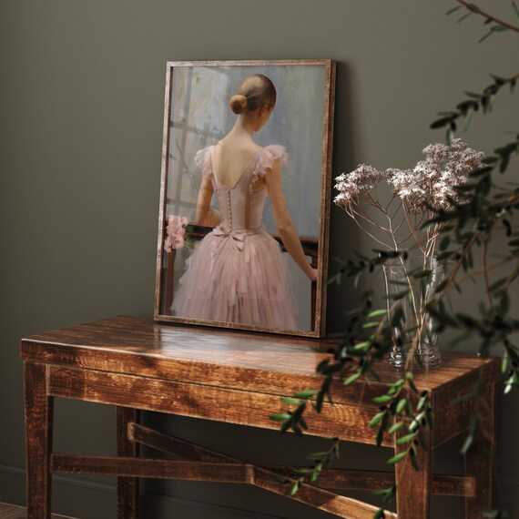 Ballerina in Blush Pink Ballet Dress With Back Bow by Window Painting Poster
