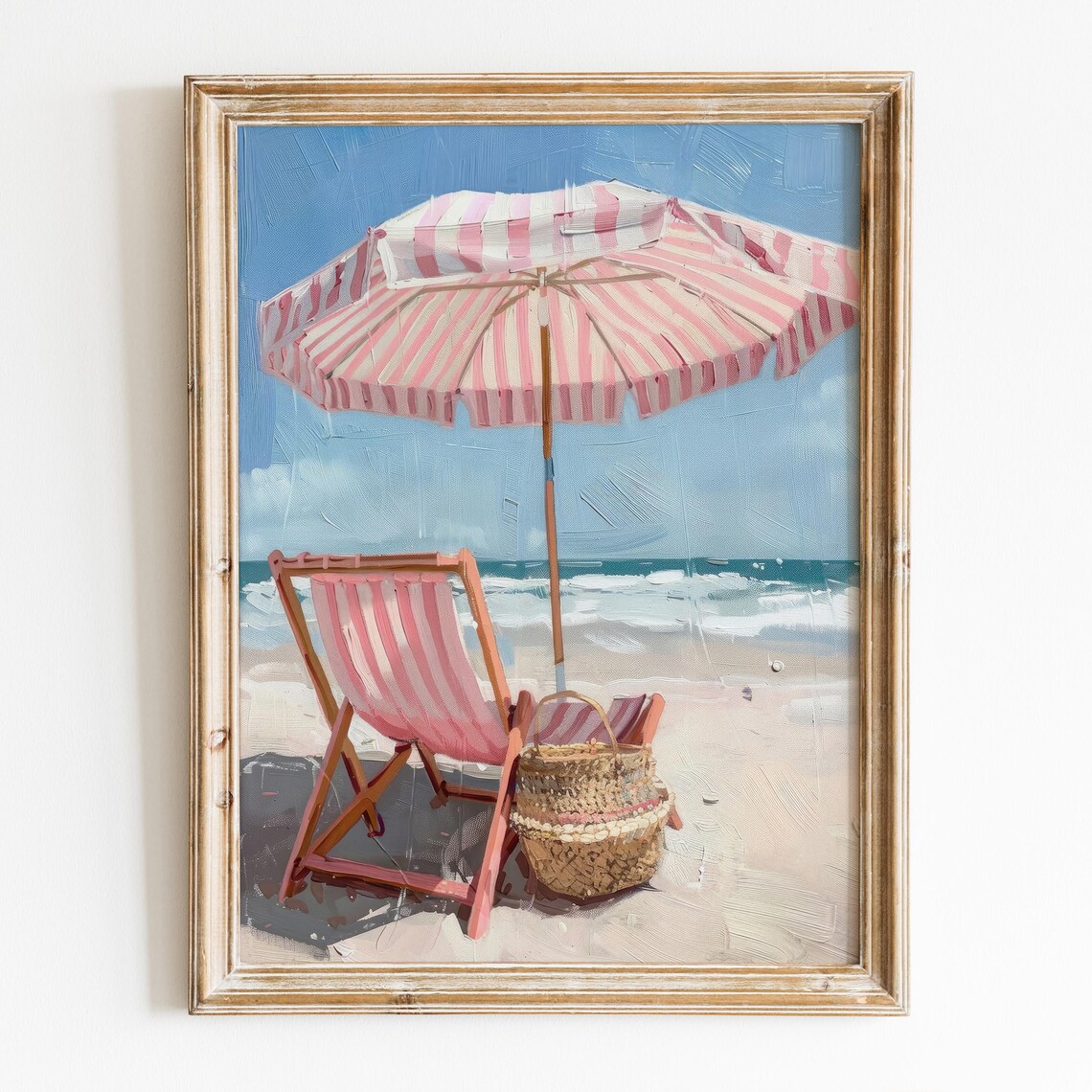 Pink Beach Umbrella Chair Coastal Summer Art Print