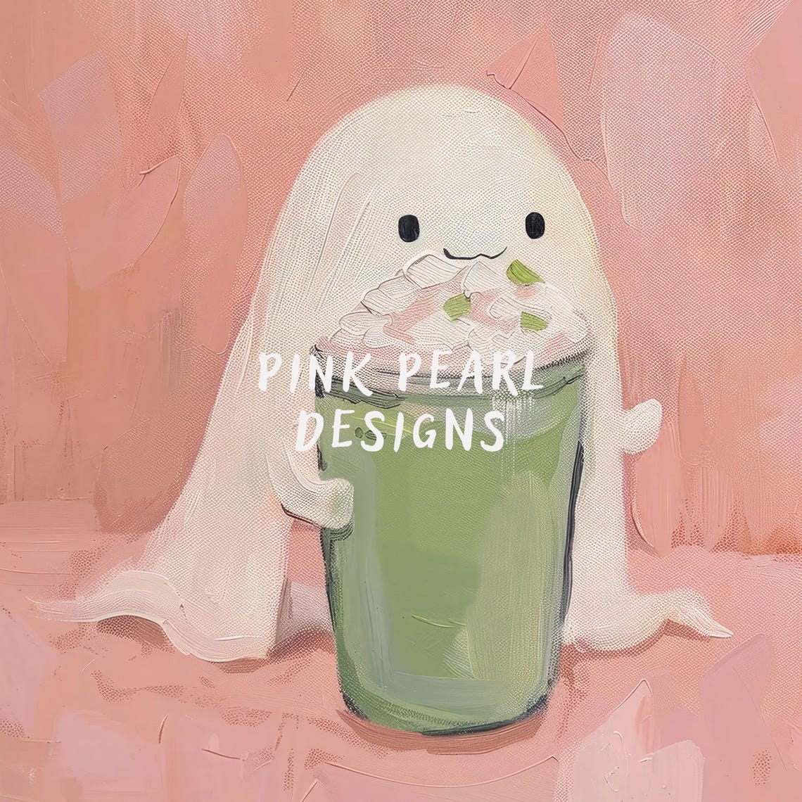Cute Ghost Holding Matcha Latte On Pink Halloween Wall Art Poster - Image 6