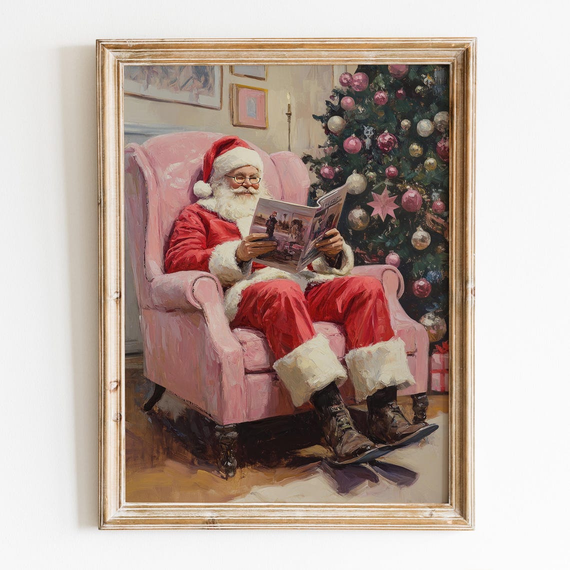 Santa Claus Reading By Christmas Tree Pink Armchair Art Poster