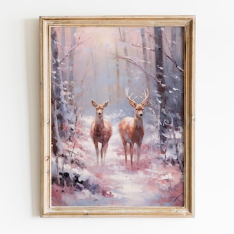 Deers In Forest Girly Wall Art Preppy Room Decor Pink Winter Prints Rustic Deer Painting Christmas Poster