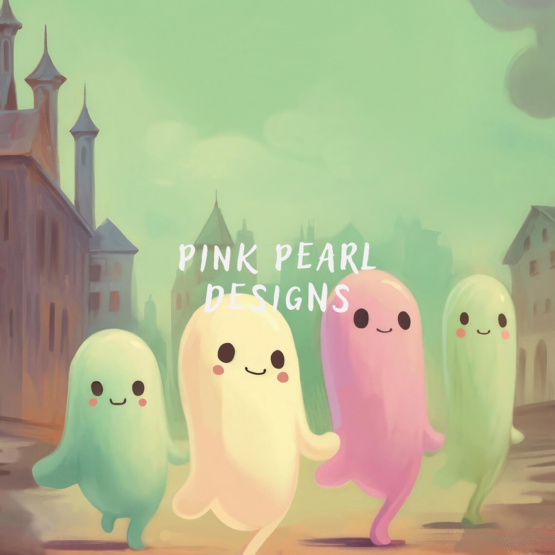 Cute Pastel Ghosts Walking Old Town Square Halloween Nursery Kids Wall Poster - Image 6