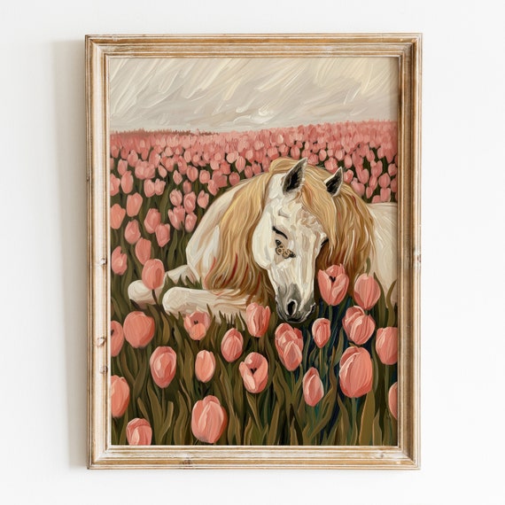Cute Horse Among Pink Tulips, Trendy Spring Poster