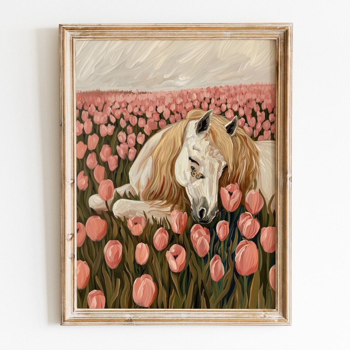 Cute Horse Among Pink Tulips, Trendy Spring Poster