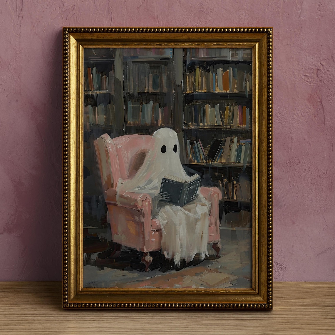 Ghost Reading Book In Cozy Library Halloween Wall Art Poster