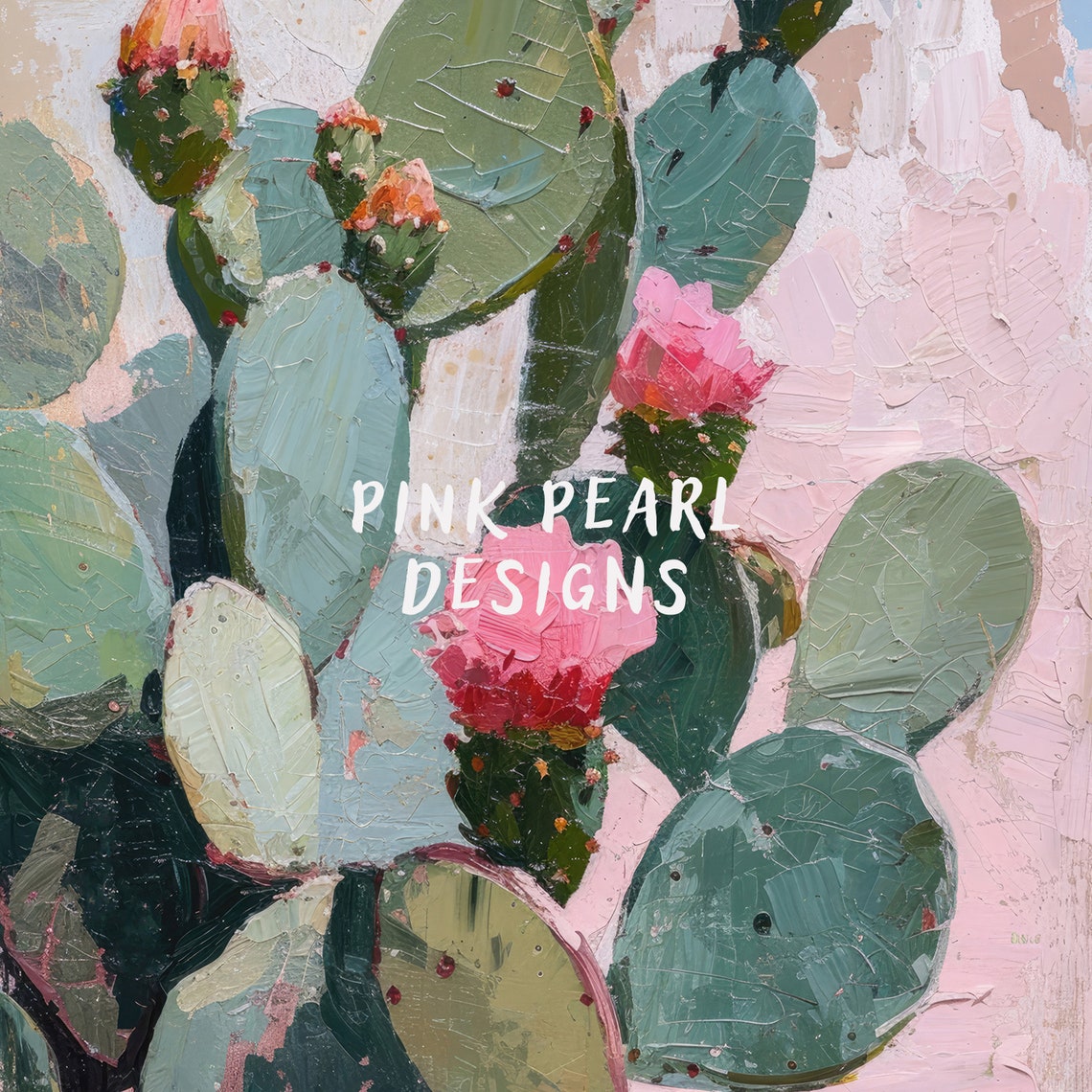 Prickly Pear Cactus Pink Blossoms Desert Botanical Oil Art Poster - Image 6