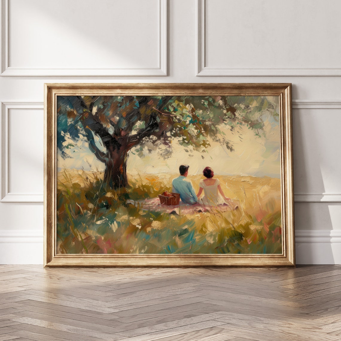 Romantic Couple Picnic Meadow Tree Impressionist Painting Print - Image 7