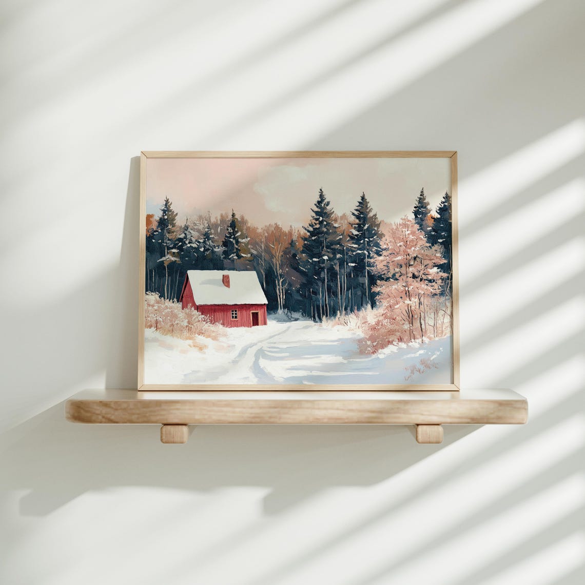 Red Cabin In Snowy Pine Forest Winter Landscape Wall Art Poster - Image 3