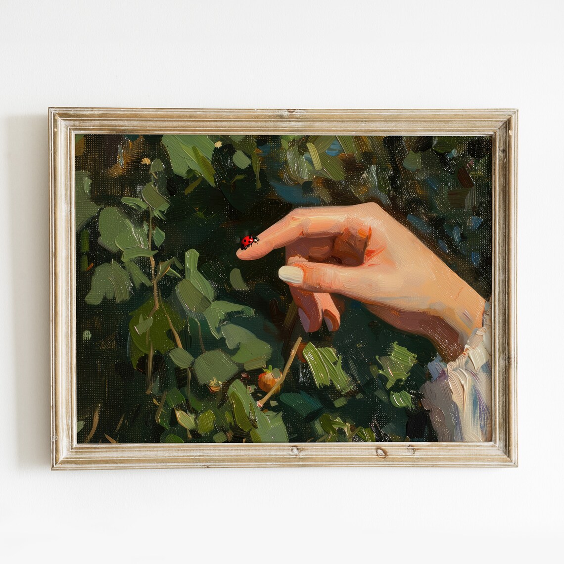 Ladybug On Finger Garden Oil Painting Vintage Wall Art Print