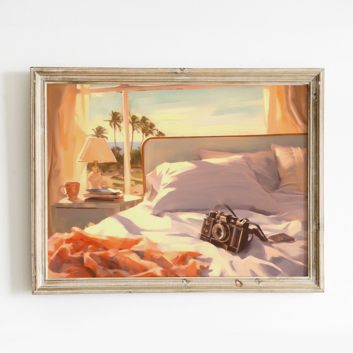 Sunny Bedroom Camera on Bed Palm Ocean View Vacation Wall Art Print