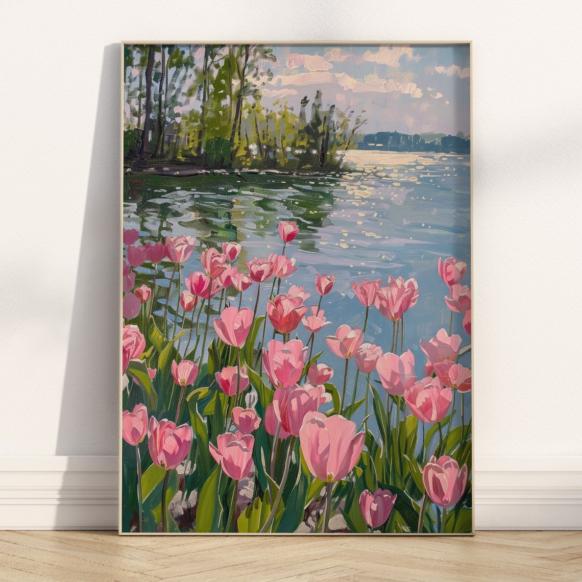 Pink Tulips Spring Lake Sparkling Water Trees Landscape Wall Art - Image 6
