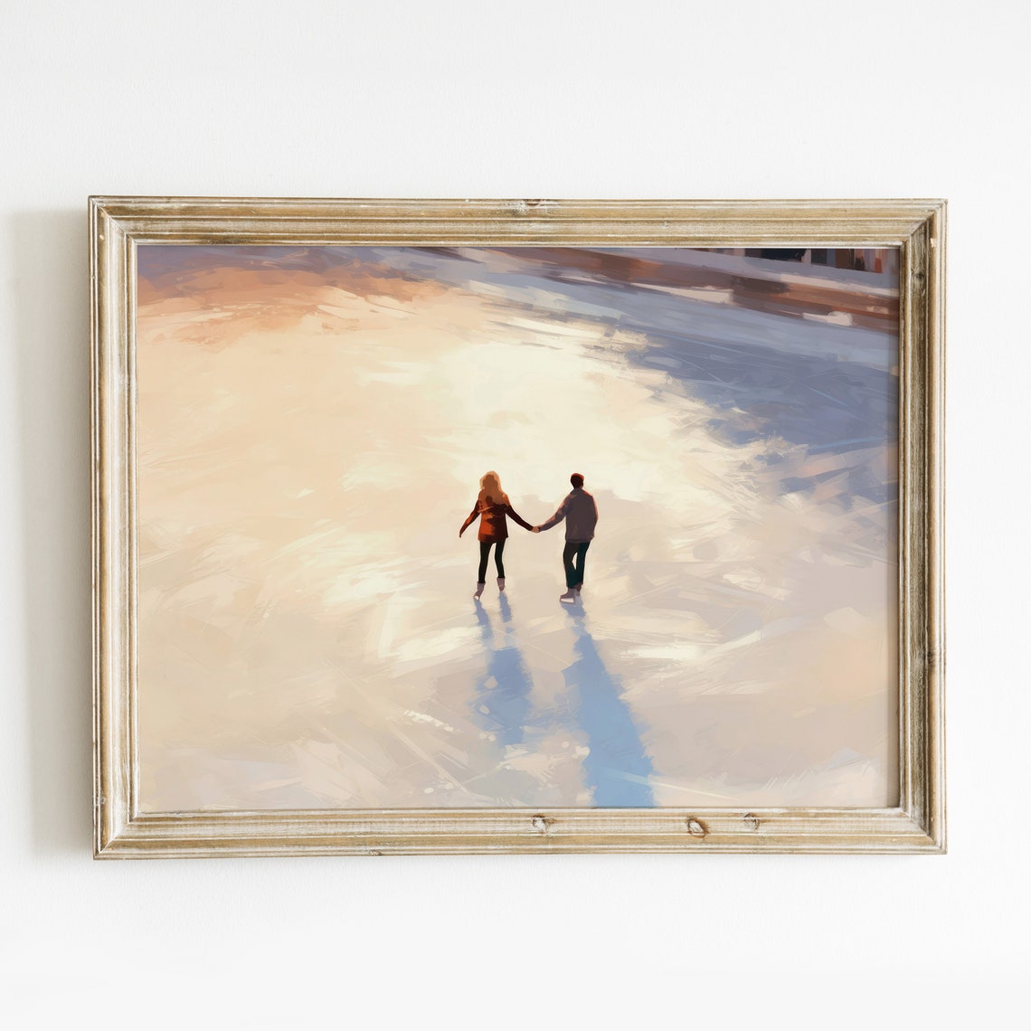 Romantic Couple Ice Skating Golden Sunset Winter Painting Wall Art