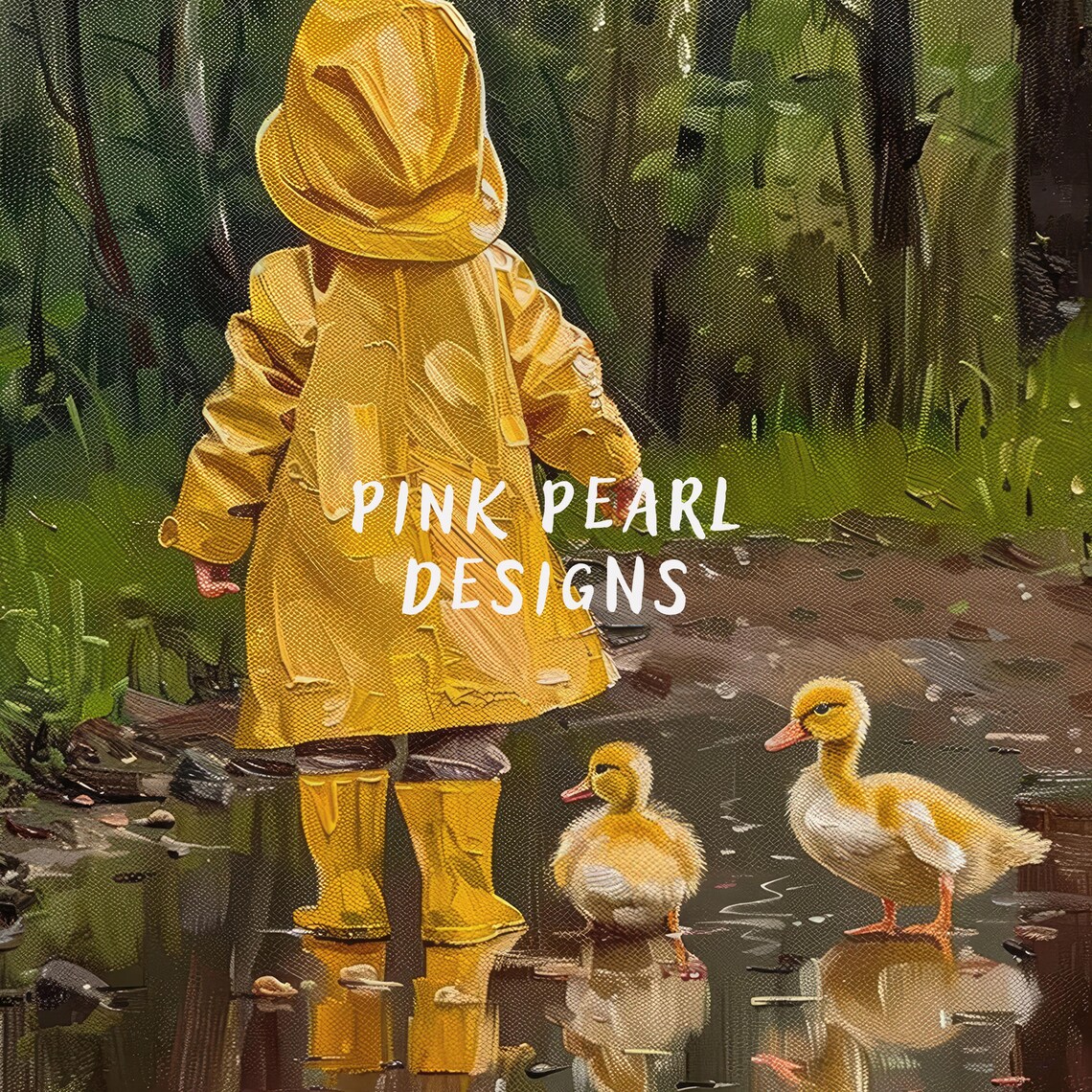 Child Yellow Raincoat Ducklings Rainy Puddle Nursery Oil Art Poster - Image 6