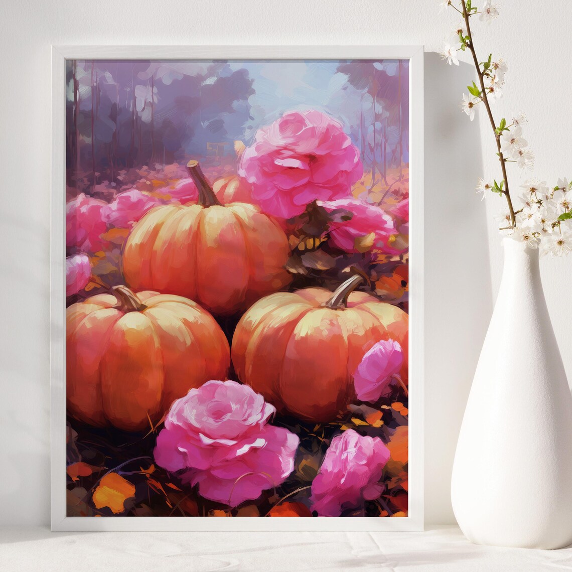 Pink Peonies And Pumpkins Fall Garden Orange Blooms Autumn Kitchen Poster - Image 4