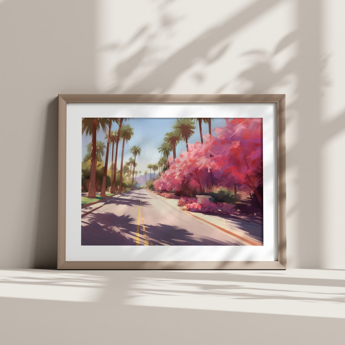 California Palm Tree Lined Road Pink Flowering Trees Travel Poster - Image 6
