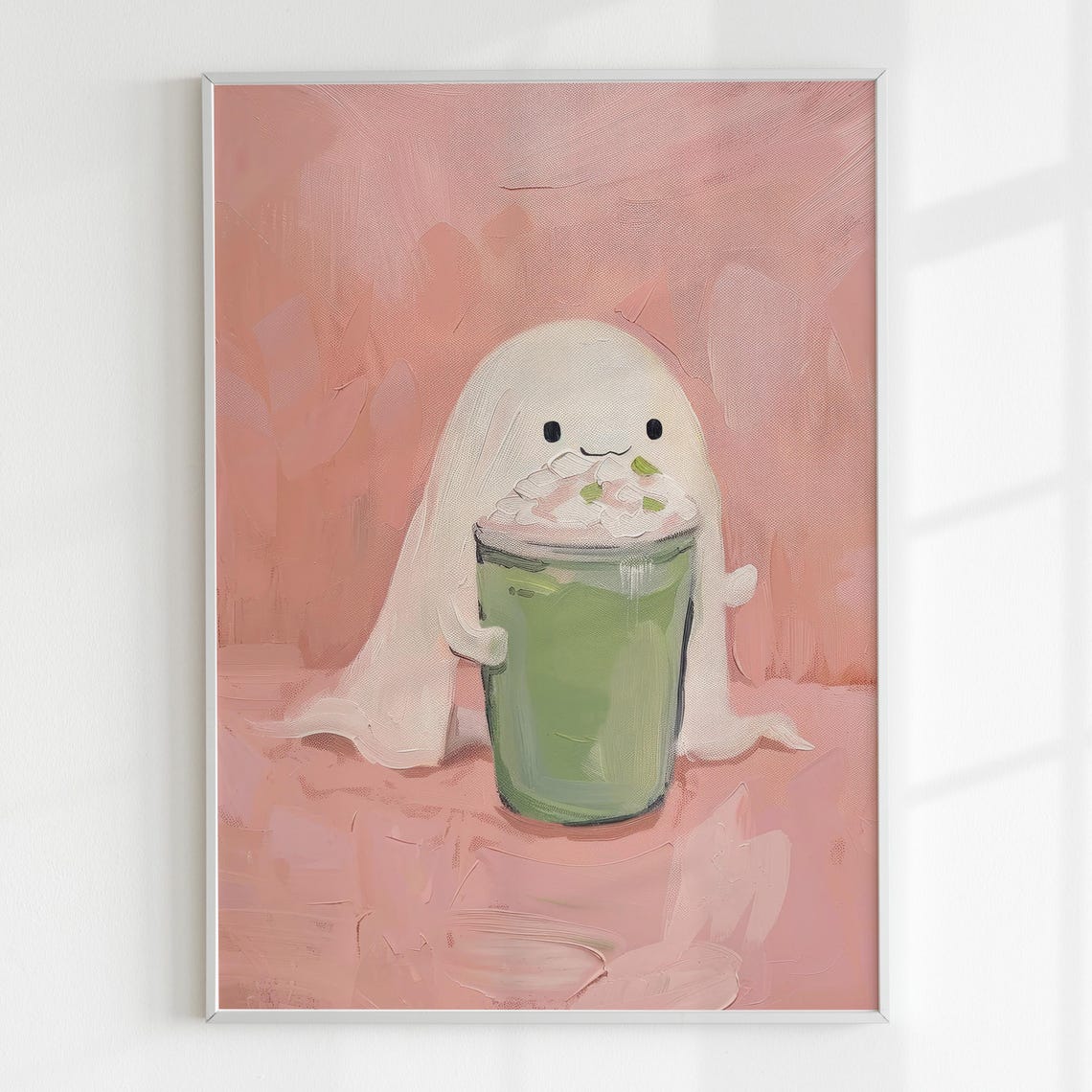Cute Ghost With Matcha Latte Halloween Wall Art Preppy Halloween Room Decor Matcha Latte Pink Green Wall Art - Image 5