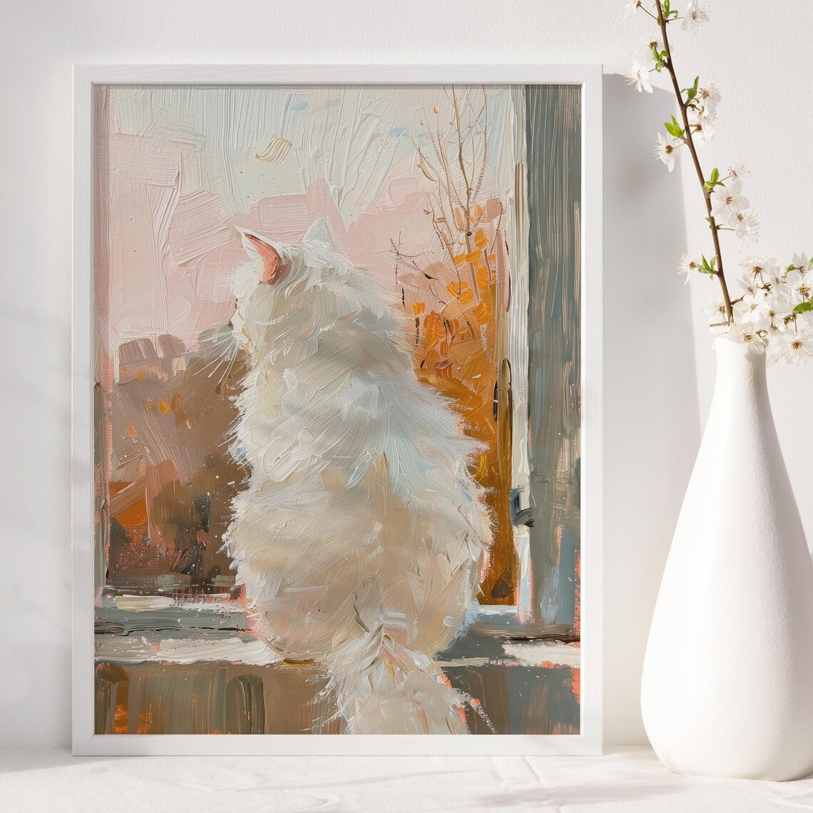 White Fluffy Cat Vintage Cat Art Print, Preppy Decor - Image 4