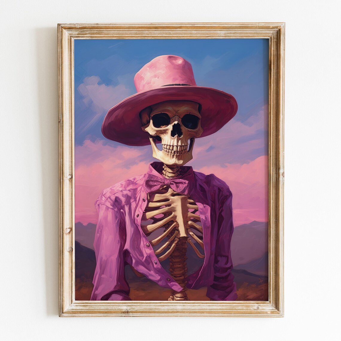 Pink Cowboy Skeleton Hat Bow Tie Sunset Desert Halloween Party Wall Poster