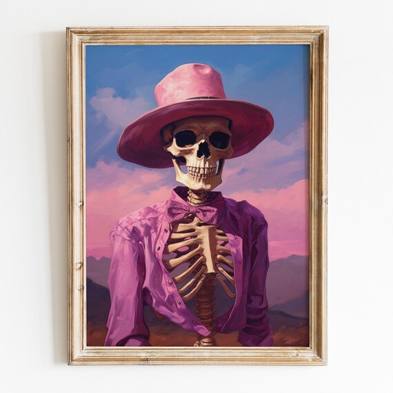 Pink Cowboy Skeleton Hat Bow Tie Sunset Desert Halloween Party Wall Poster