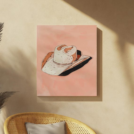 Cowgirl Hat Canvas Painting Pink Western Wall Art Trendy Rodeo Print Boho Rustic Country Home Decor