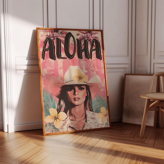 Aloha Vintage Magazine Cover Poster Cowgirl Hawaii Tropical Pink Decor