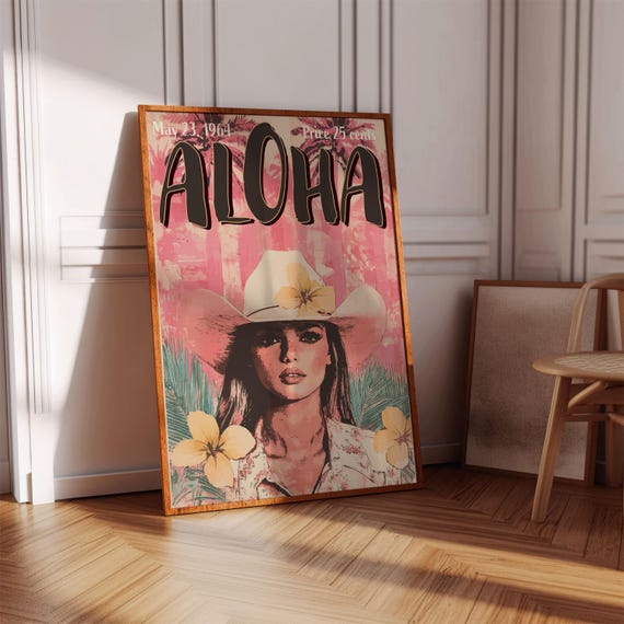 Vintage Cowgirl Poster Retro Western Magazine Cover Art Print Mid Century Wall Decor Aloha 60s Pink