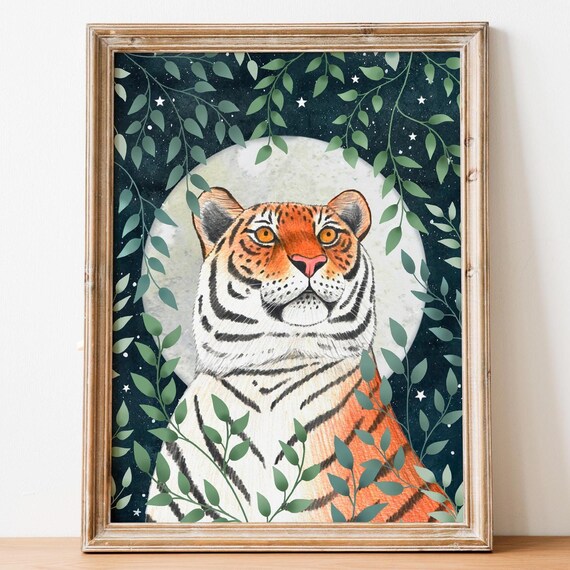 Celestial Tiger Portrait Starry Night Jungle Leaves Wildlife Poster