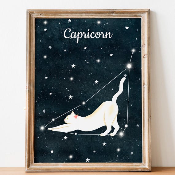 Zodiac Wall Art Astrology Poster Capricorn Print Horoscope Cat Painting Animal Illustration Artistic Gift