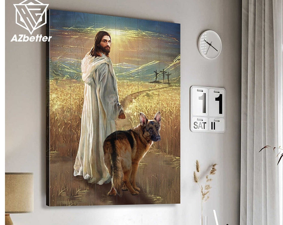 Jesus Walking with German Shepherd Golden Wheat Field Sunset Poster - Image 4