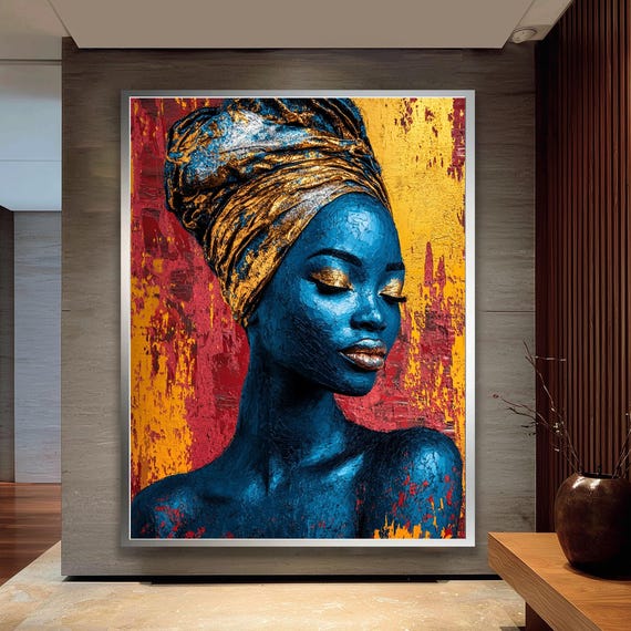 Colorful African Woman Portrait Canvas Wall Art Vibrant Blue And Gold Contemporary Decor For Home Office