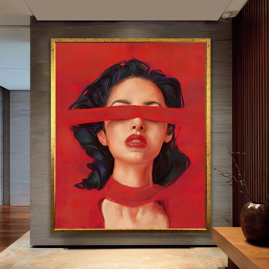Bold Red Portrait Of Woman With Blindfold Modern Fashion Art Poster