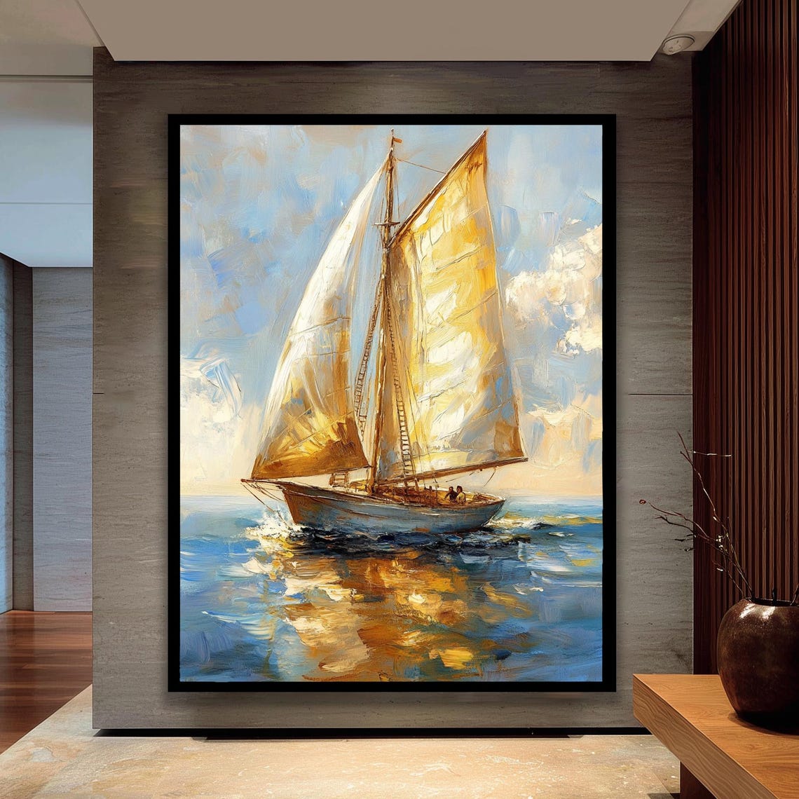 Golden Sailed Sailboat at Sunset Impressionist Seascape Poster