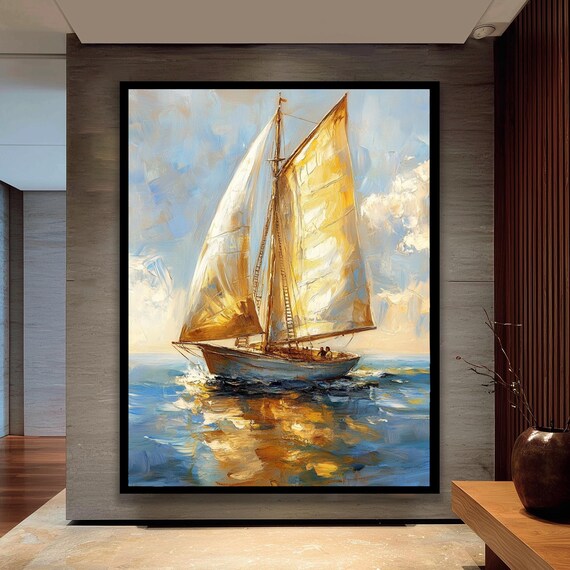 Golden Sailed Sailboat at Sunset Impressionist Seascape Poster
