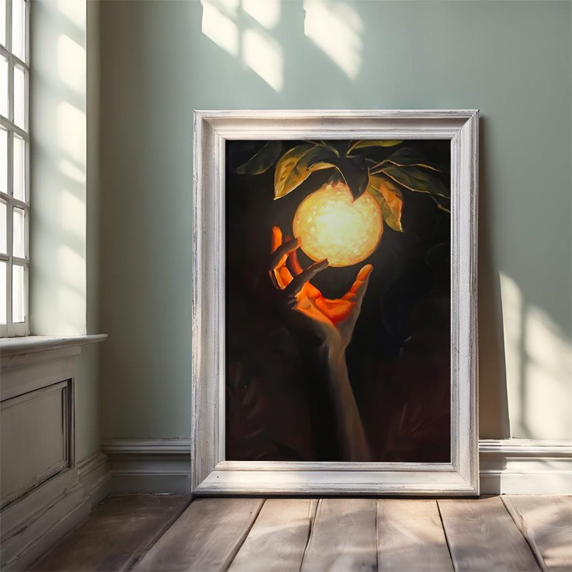 Hand Reaching for Glowing Orange Fruit in the Dark Art Poster - Image 3