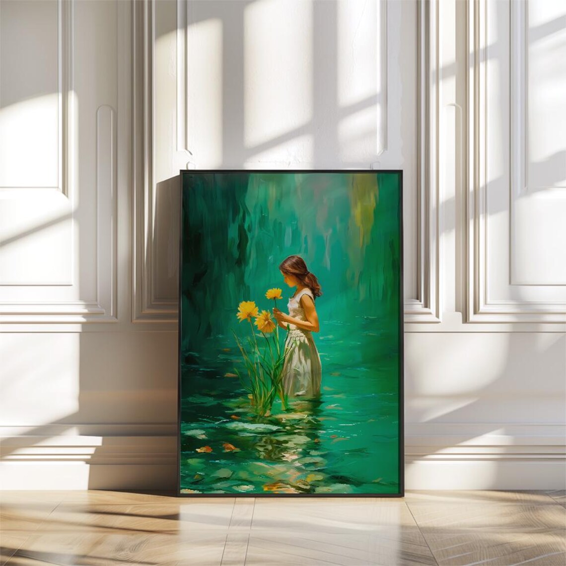 Woman in Emerald Water With Yellow Flowers Impressionist Poster - Image 3