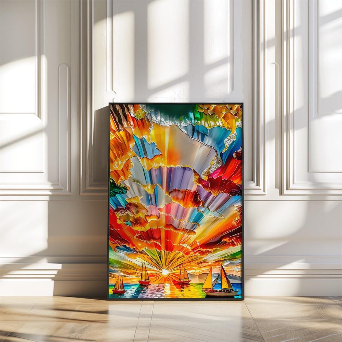Sailboats at Stained Glass Sunset on Ocean Seascape Art Poster - Image 3