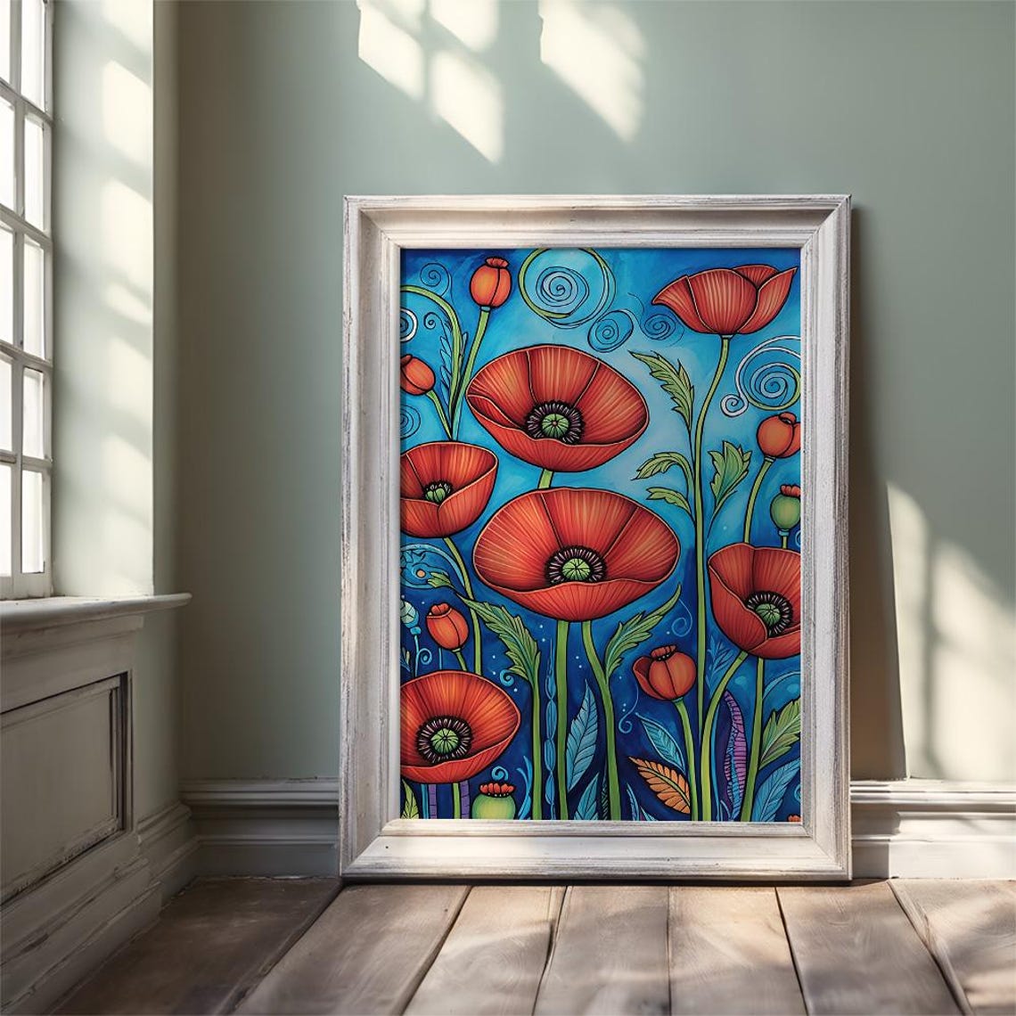 Red Poppies on Blue Background Boho Floral Illustration Poster - Image 3