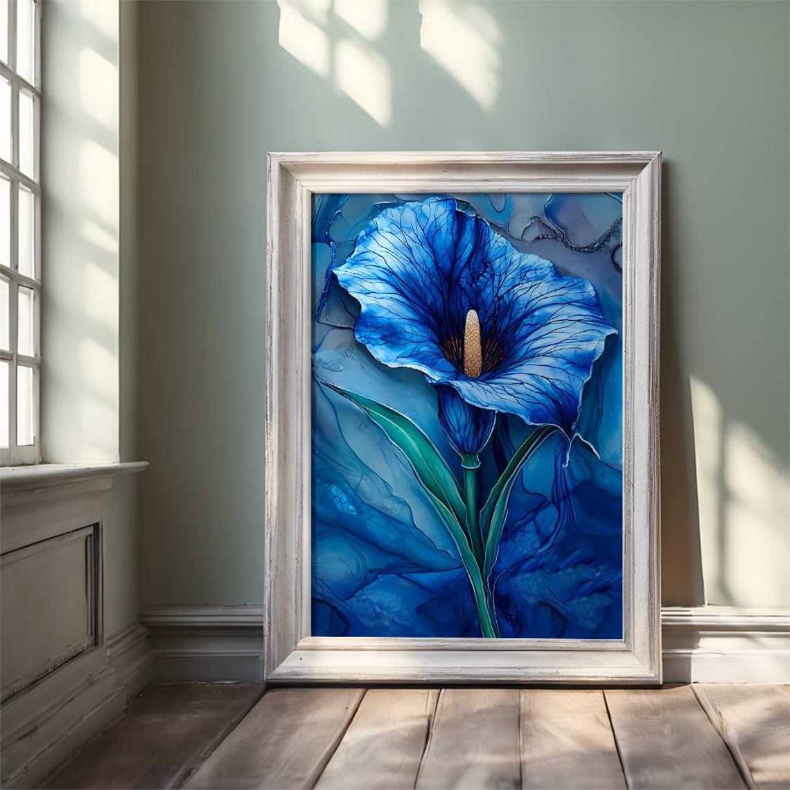Deep Blue Calla Lily in Alcohol Ink Botanical Painting Poster - Image 3