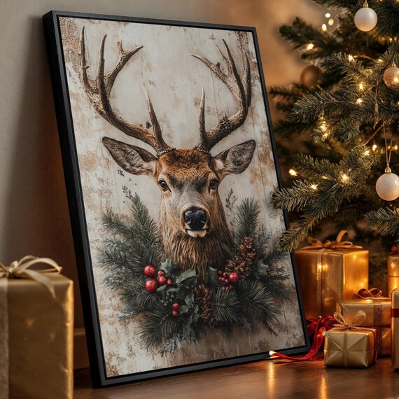 Majestic Christmas Stag Antlers Rustic Holiday Wreath Canvas Poster