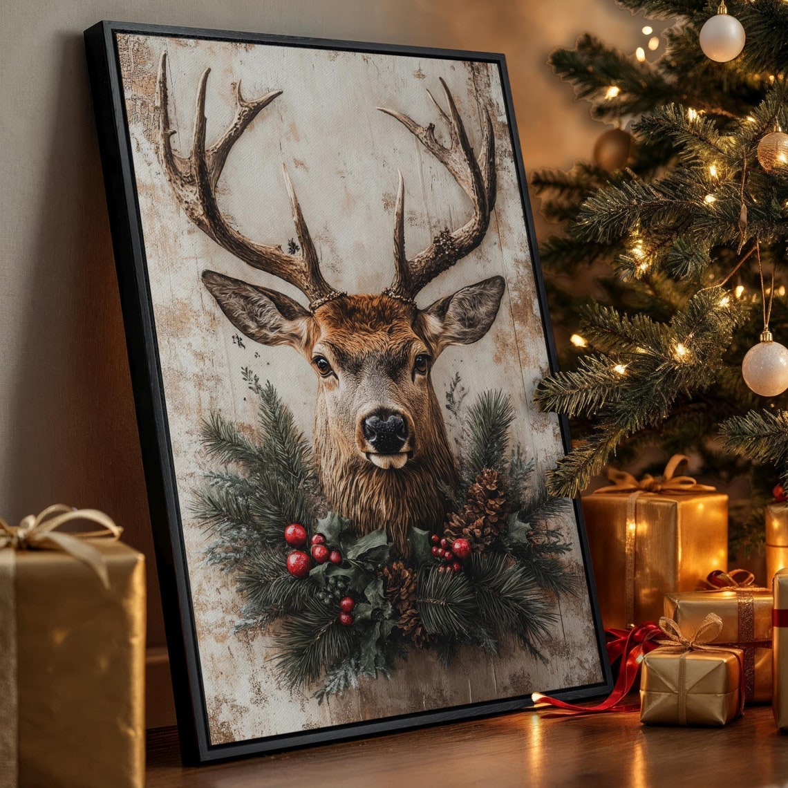 Majestic Christmas Stag Antlers Rustic Holiday Wreath Canvas Poster