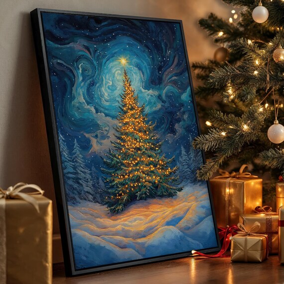 Starry Night Lit Christmas Tree Glowing Winter Sky Painting Poster