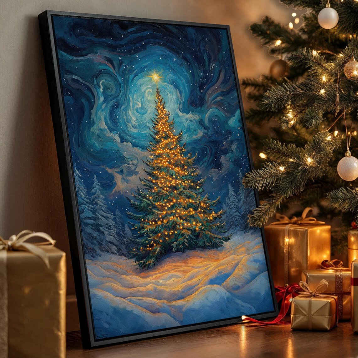 Starry Night Lit Christmas Tree Glowing Winter Sky Painting Poster
