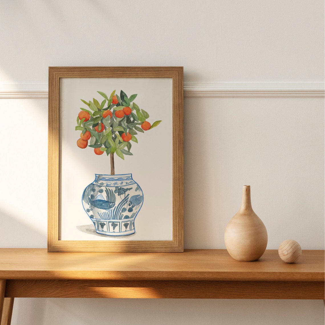 Orange Topiary Tree In Blue And White Porcelain Planter Print - Image 3