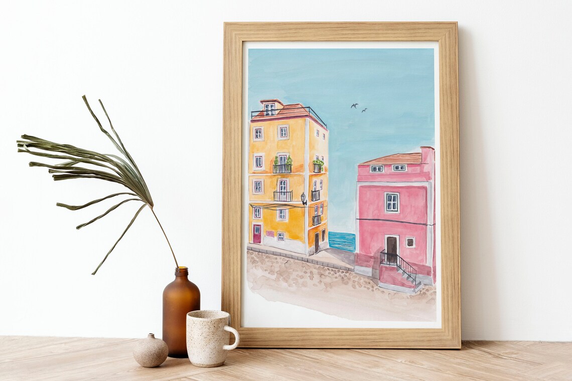 Lisbon Portugal Colorful Street Yellow Pink Houses Seaside View Poster - Image 3