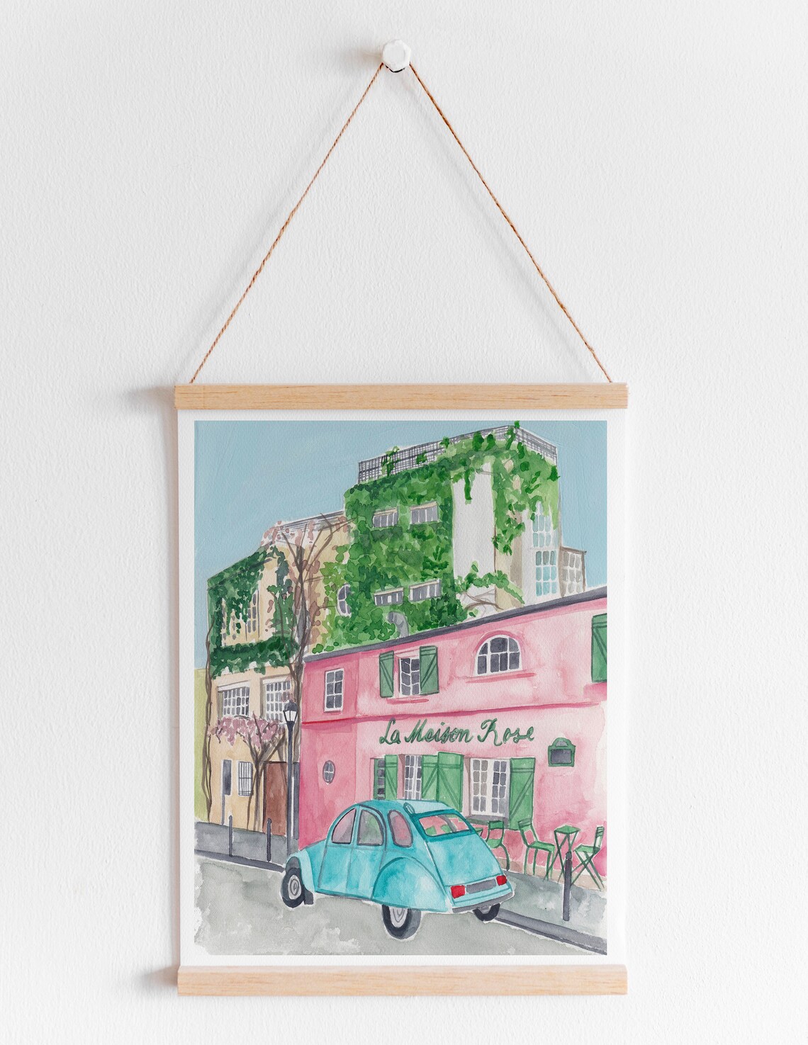 La Maison Rose Montmartre Pink House With Vintage Blue Car Wall Art - Image 4