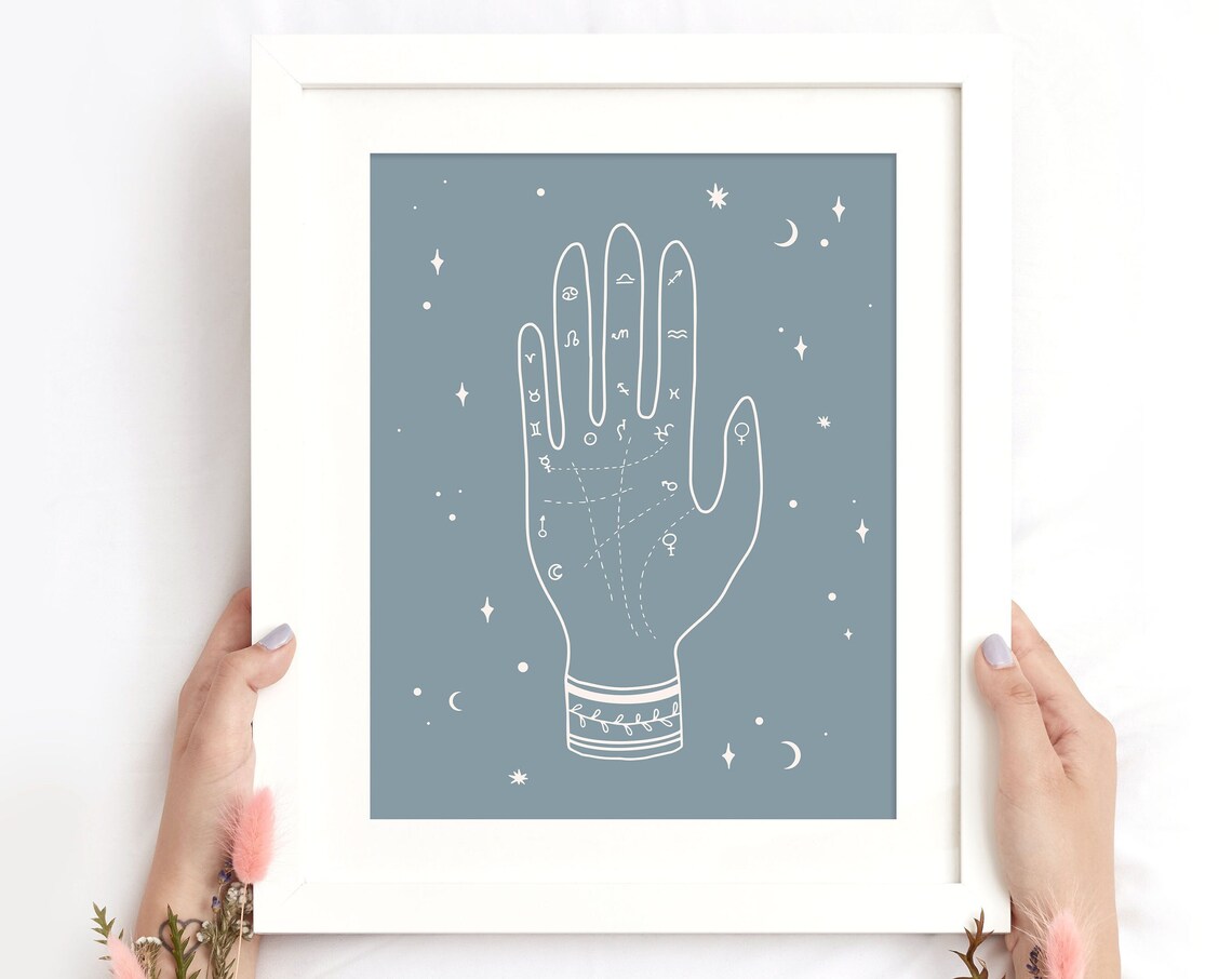 Palmistry Hand Mystical Zodiac Blue Bohemian Celestial Art Poster - Image 2